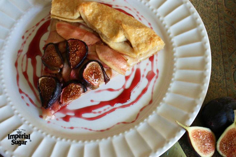 Cheesecake Apple Fig Crostata with Bourbon Pomegranate Sauce