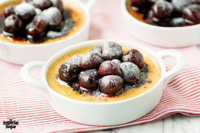 Creme Brelee with Warm Cherries and Chocolate Sauce 