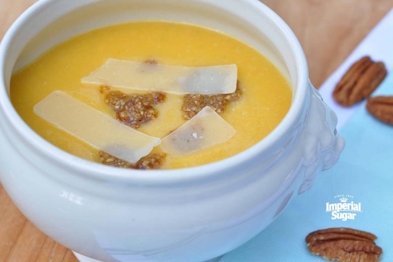 Roasted Butternut Squash Soup with Sweet & Spicy Pecan Pesto