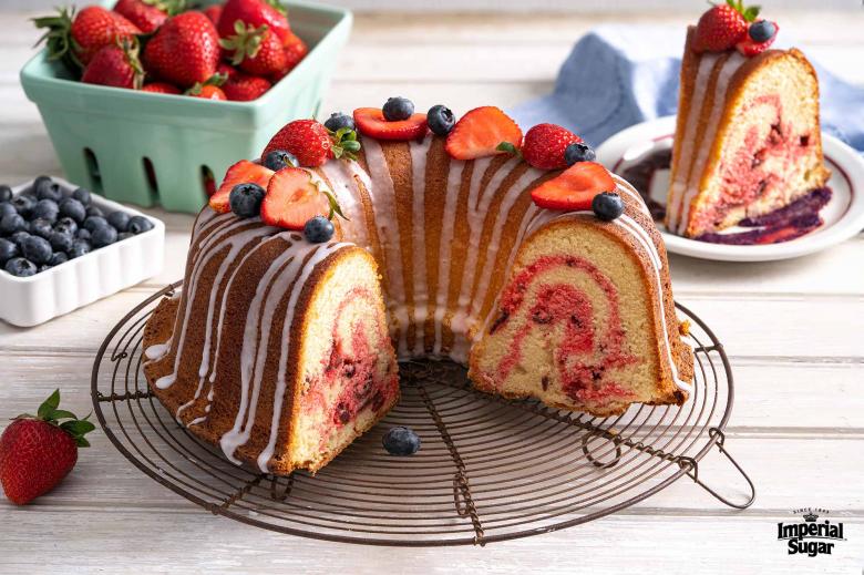 Strawberry Swirl Pound Cake with Blueberry Sauce Imperial 