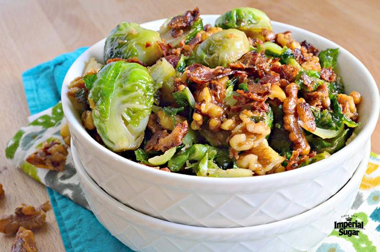 Brown Sugar Bacon Brussels Sprouts with Candied Walnuts