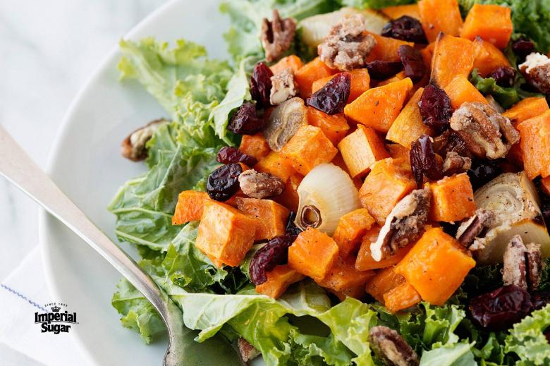 Kale & Roasted Sweet Potato Salad with Candied Pecans