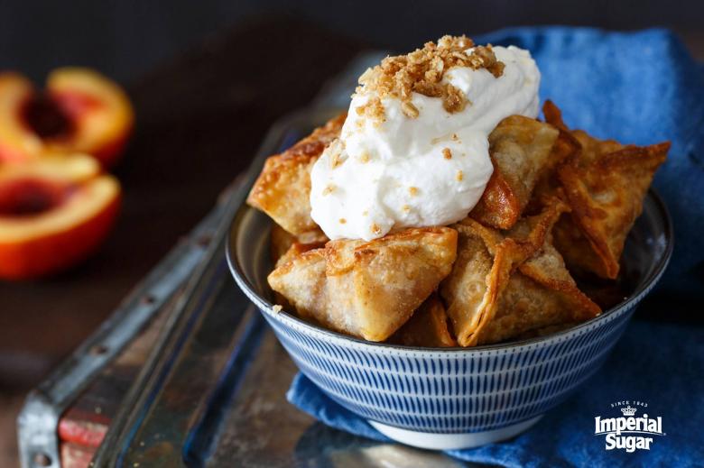 Peach Cobbler Wontons with Bourbon Whipped Cream imperial