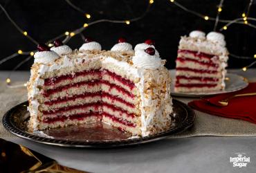 6 Layer Coconut Cranberry Cake with Meringue Frosting 