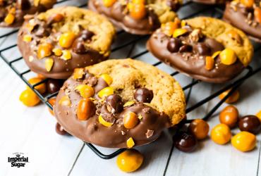 Chocolate Dipped English Toffee Peanut M&M Cookies