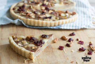 Caramelized Pear & Brie Tart with Cranberries & Candied Pecans